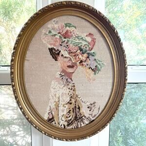 Vintage Finished Needlepoint Portrait Lady Floral Hat Carved Gilt Wood Frame
